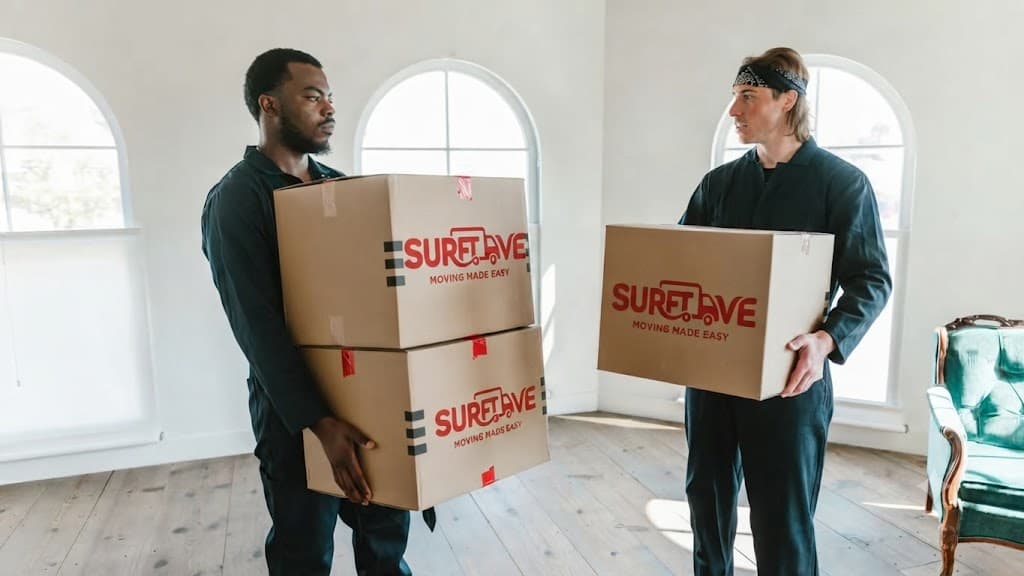 Surftmove movers carrying branded moving boxes inside a bright home